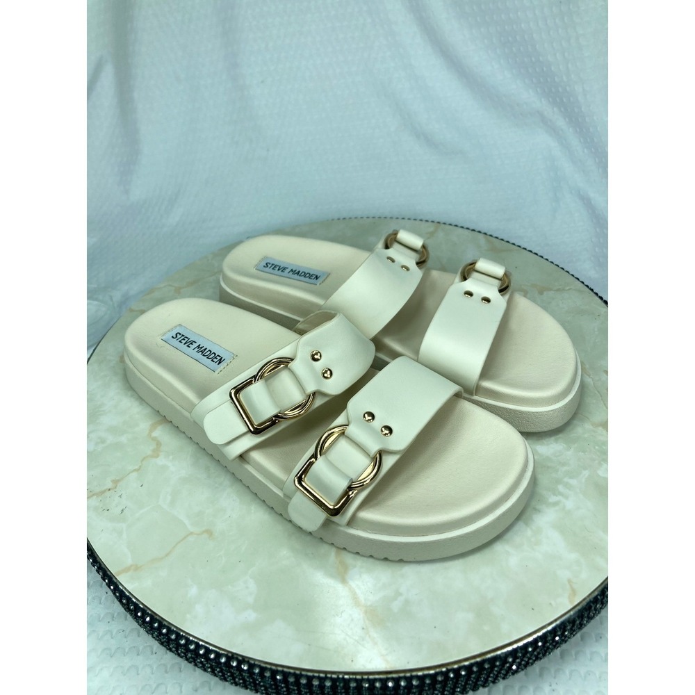 Steve Madden Hanni Buckle Platform Slide Sandals Womens 8 Cream Gold Summer Shoe